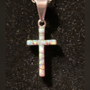 Opal Sterling Silver cross necklace- 2-sided- opal and opal, onyx inlay